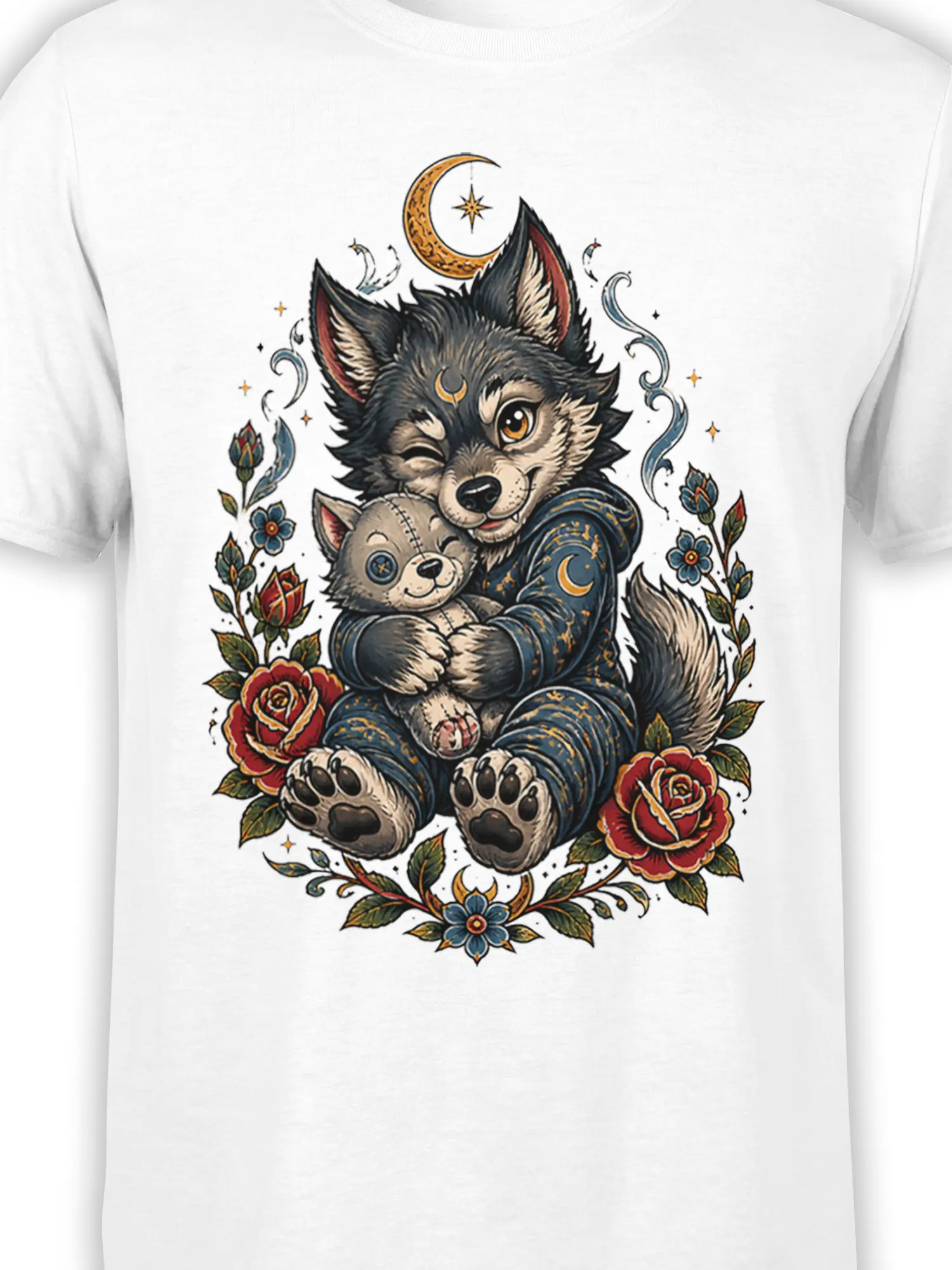 Close-up of wolf and kitten artwork with a crescent moon, floral details, and stars on a white tee