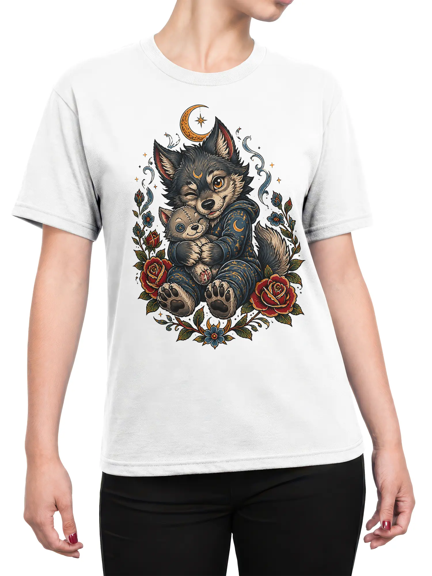 Female torso wearing a white wolf and kitten T-shirt with moon, roses, flowers, and celestial details
