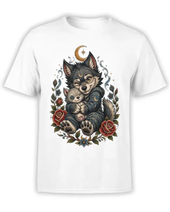 White T-shirt featuring a wolf cuddling a kitten beneath a crescent moon with roses and stars