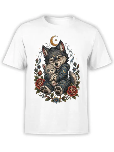 White T-shirt featuring a wolf cuddling a kitten beneath a crescent moon with roses and stars