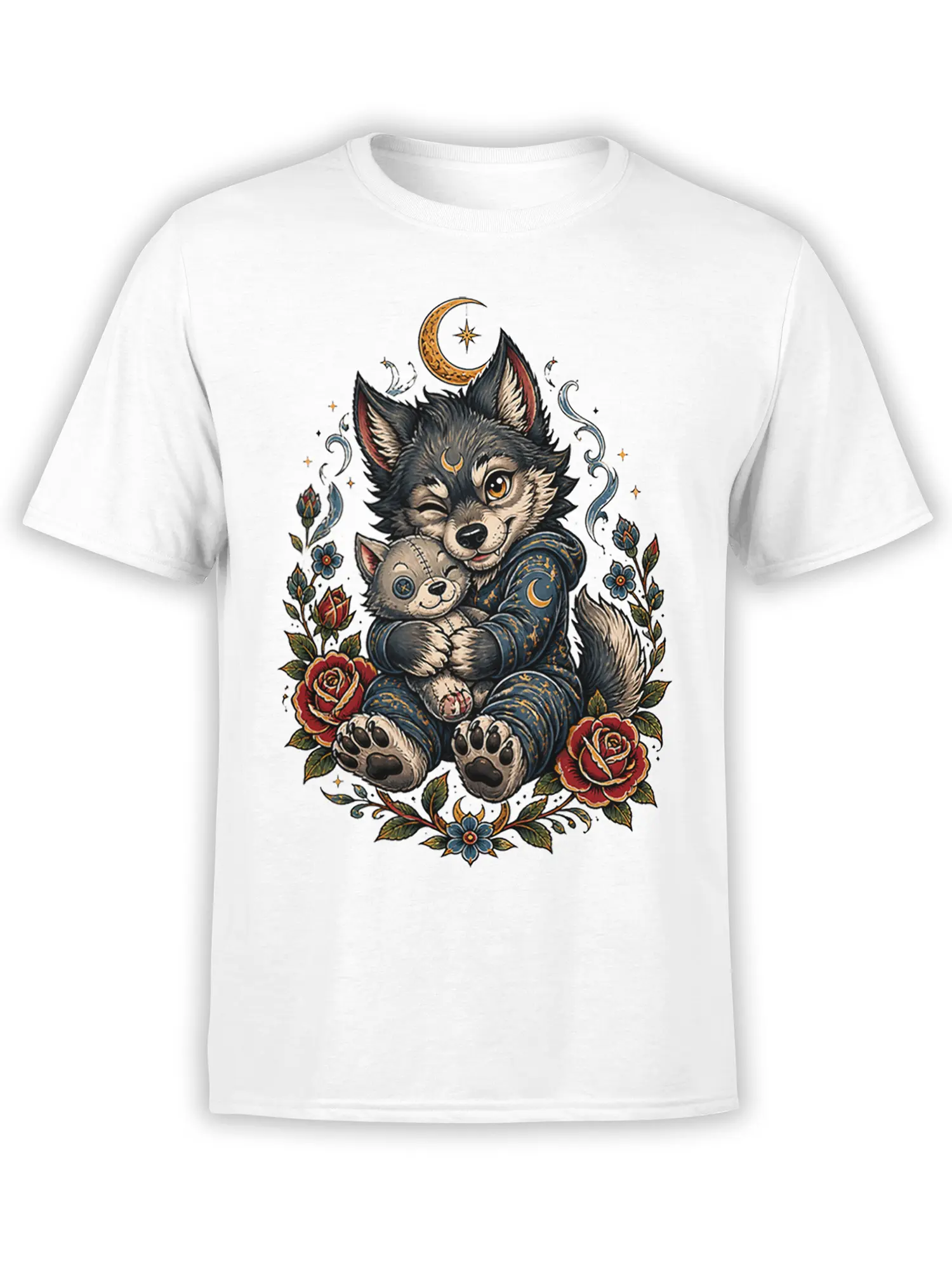 White T-shirt featuring a wolf cuddling a kitten beneath a crescent moon with roses and stars