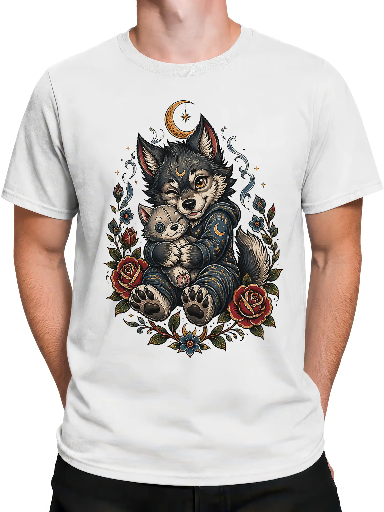 Male torso wearing a white T-shirt with a wolf cuddling a kitten beneath a crescent moon
