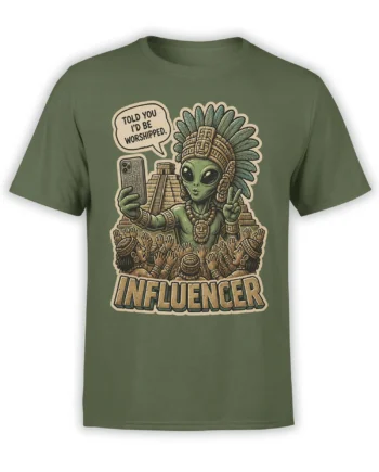 Olive green alien influencer T-shirt with pyramid, worshippers, selfie phone, and bold lettering