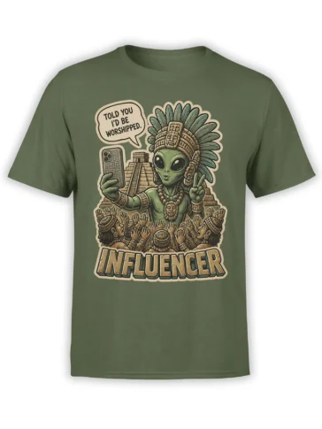 Olive green alien influencer T-shirt with pyramid, worshippers, selfie phone, and bold lettering