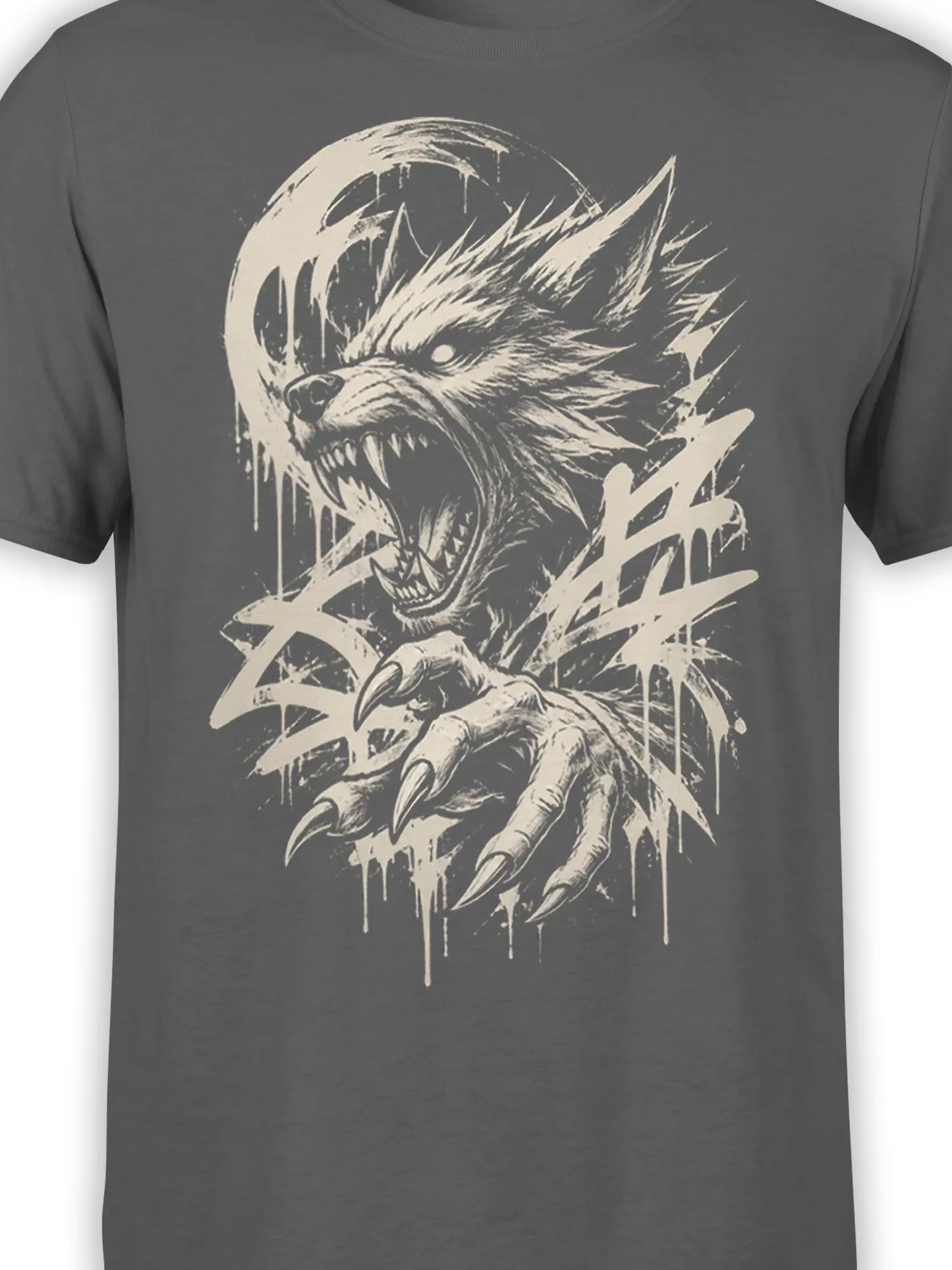 Close-up of the werewolf face, fangs, claws, and full moon graphic on a gray T-shirt