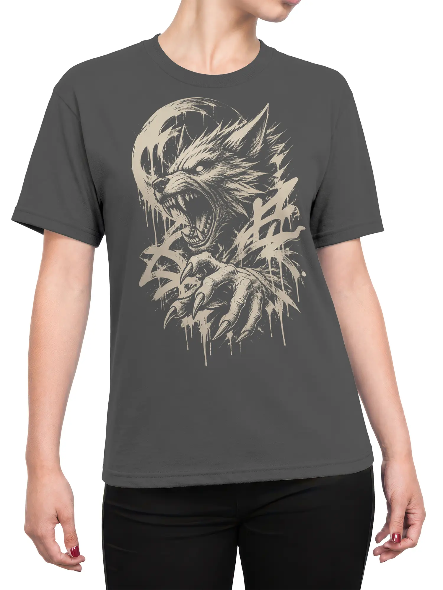Female torso wearing a gray werewolf T-shirt with a full moon and clawed creature graphic