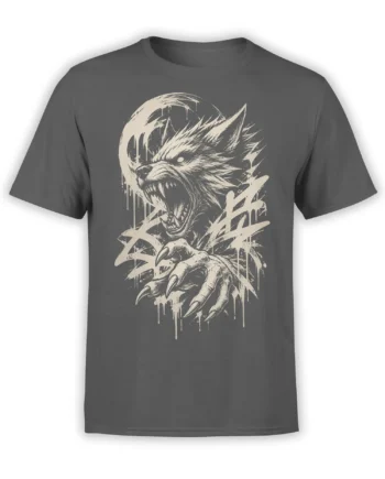Gray T-shirt featuring a snarling werewolf, sharp claws, and a distressed cream full moon graphic