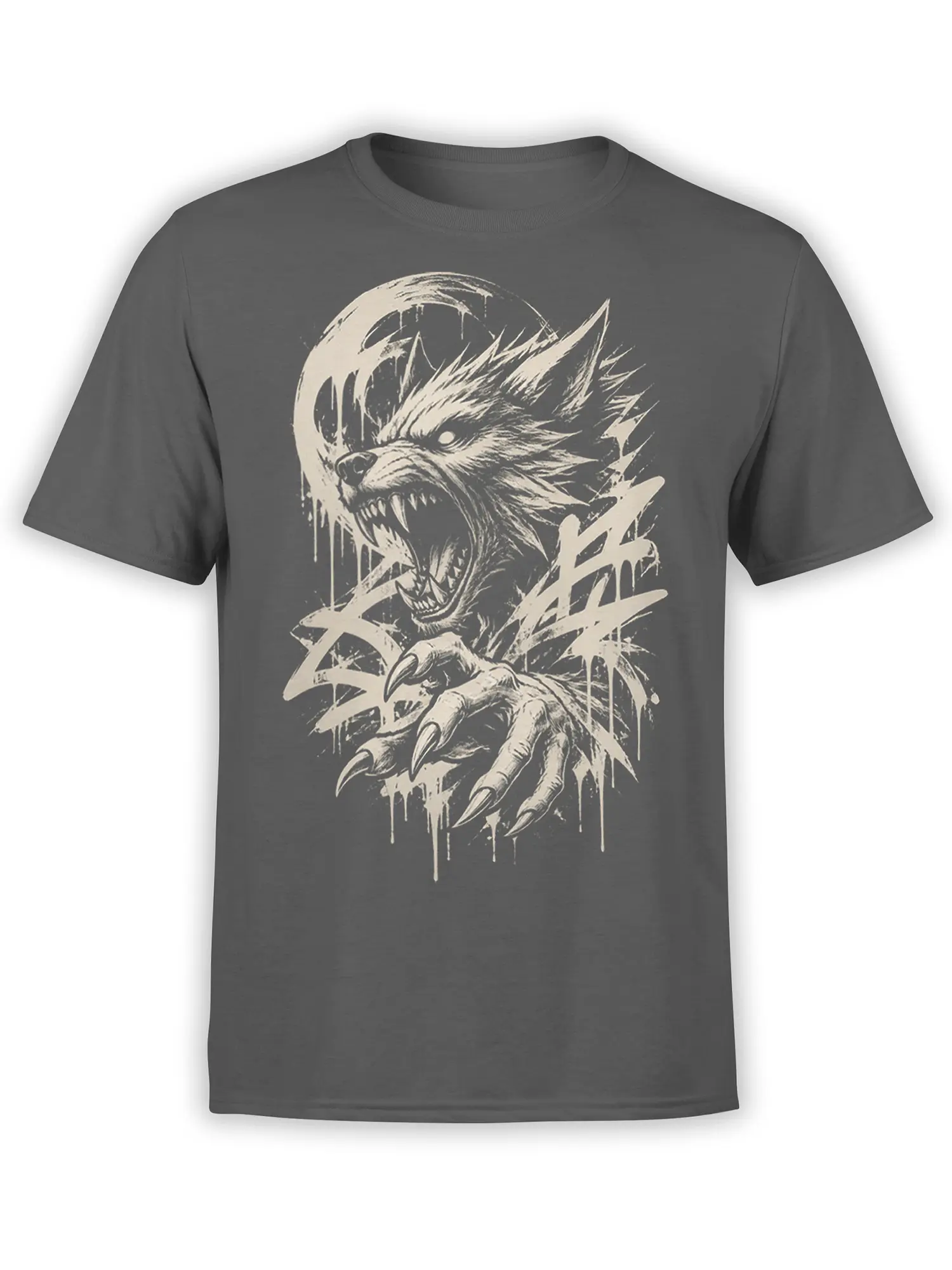 Gray T-shirt featuring a snarling werewolf, sharp claws, and a distressed cream full moon graphic