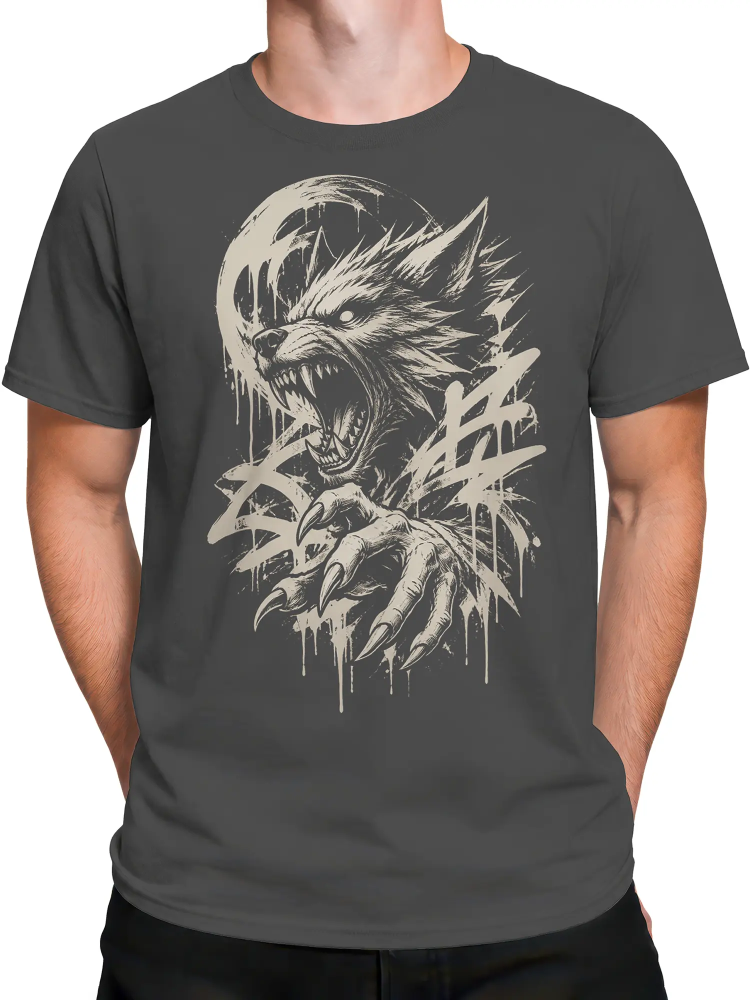 Male torso wearing a gray werewolf T-shirt with a snarling full moon graphic