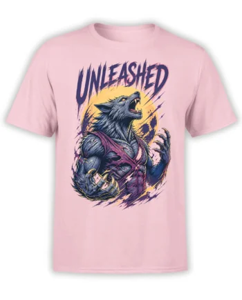 Pink T-shirt with an unleashed snarling wolf creature, sharp claws, yellow moon, and bold dark fantasy artwork