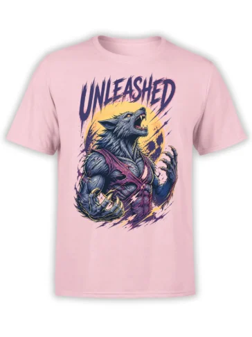 Pink T-shirt with an unleashed snarling wolf creature, sharp claws, yellow moon, and bold dark fantasy artwork