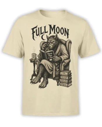 Beige wolf reading T-shirt with glasses, full moon lettering, storybooks, and a Bad Hair Day mug
