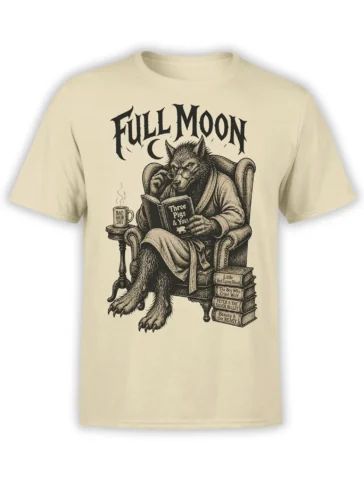 Beige wolf reading T-shirt with glasses, full moon lettering, storybooks, and a Bad Hair Day mug