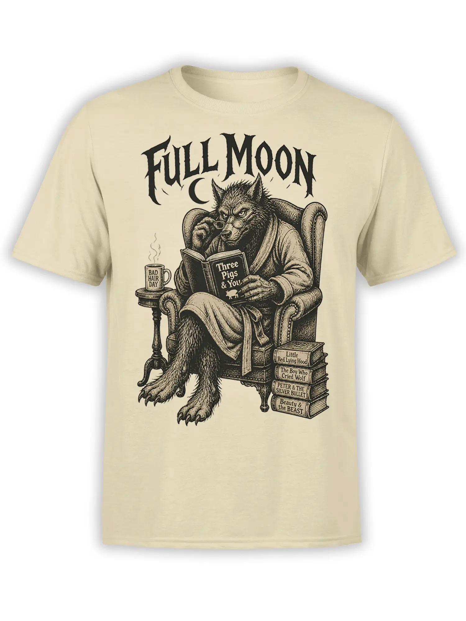 Beige wolf reading T-shirt with glasses, full moon lettering, storybooks, and a Bad Hair Day mug