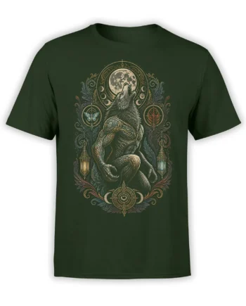 Dark green T-shirt with a detailed howling wolf, full moon, lanterns, and mystical lunar symbols