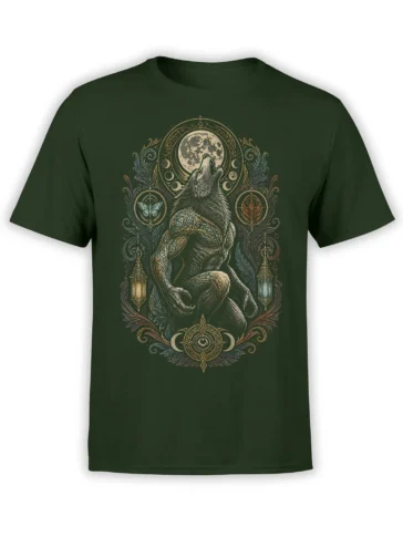 Dark green T-shirt with a detailed howling wolf, full moon, lanterns, and mystical lunar symbols