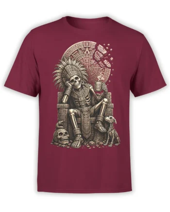 Burgundy skeleton throne T-shirt with feathered headdress, ancient symbols, cup, and skeletal animal companions