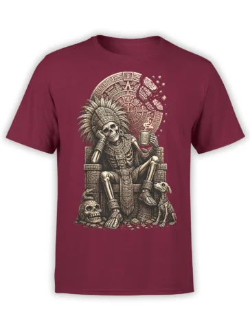 Burgundy skeleton throne T-shirt with feathered headdress, ancient symbols, cup, and skeletal animal companions