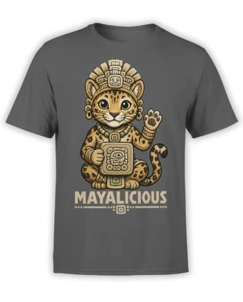 Gray jaguar t-shirt with ornate headdress, glyph tablet, and “MAYALICIOUS” lettering