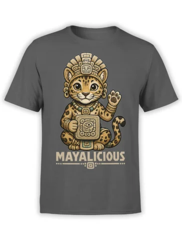 Gray jaguar t-shirt with ornate headdress, glyph tablet, and “MAYALICIOUS” lettering