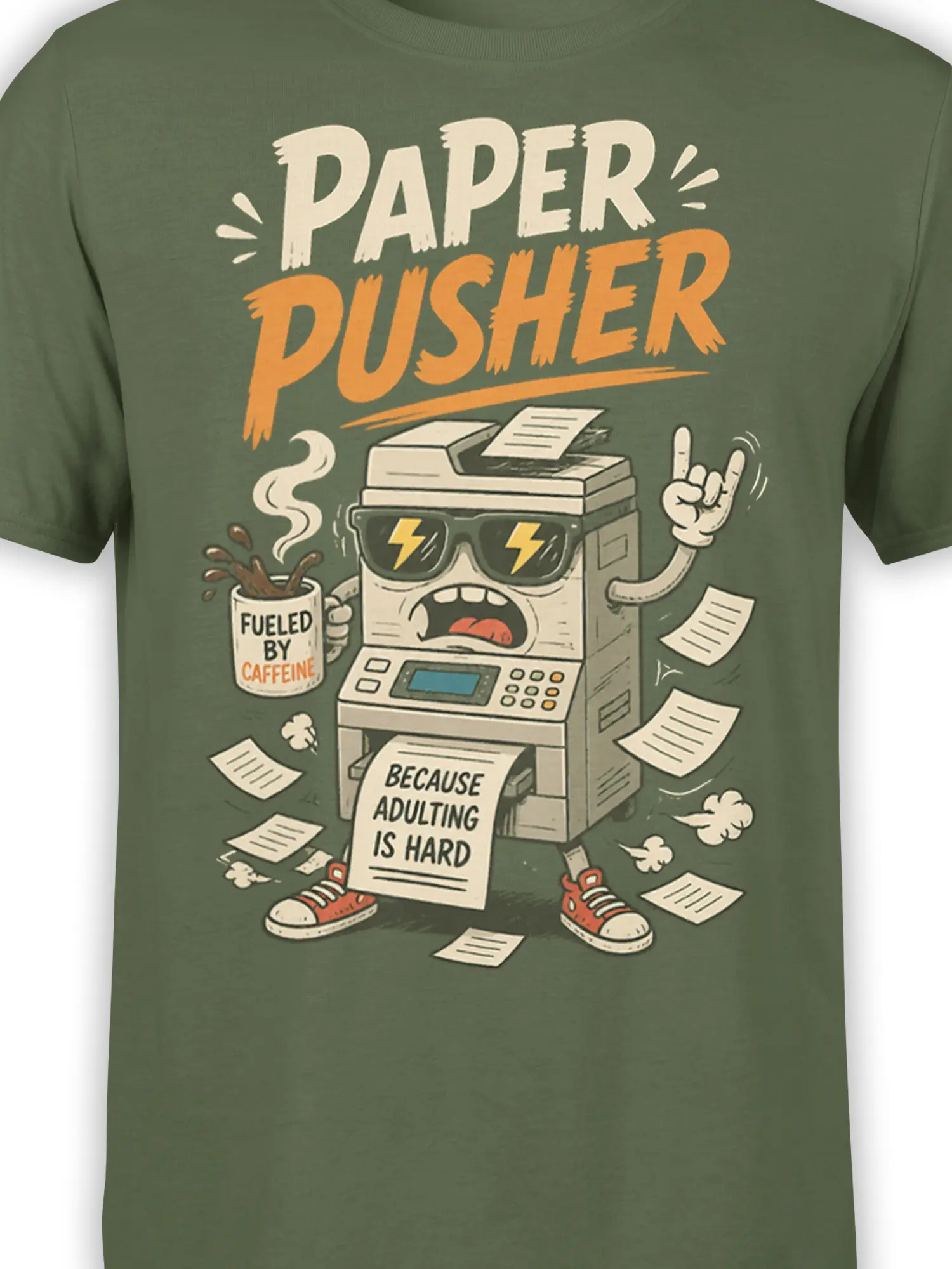 Close-up of paper pusher office machine graphic with coffee cup and adulting humor on green fabric