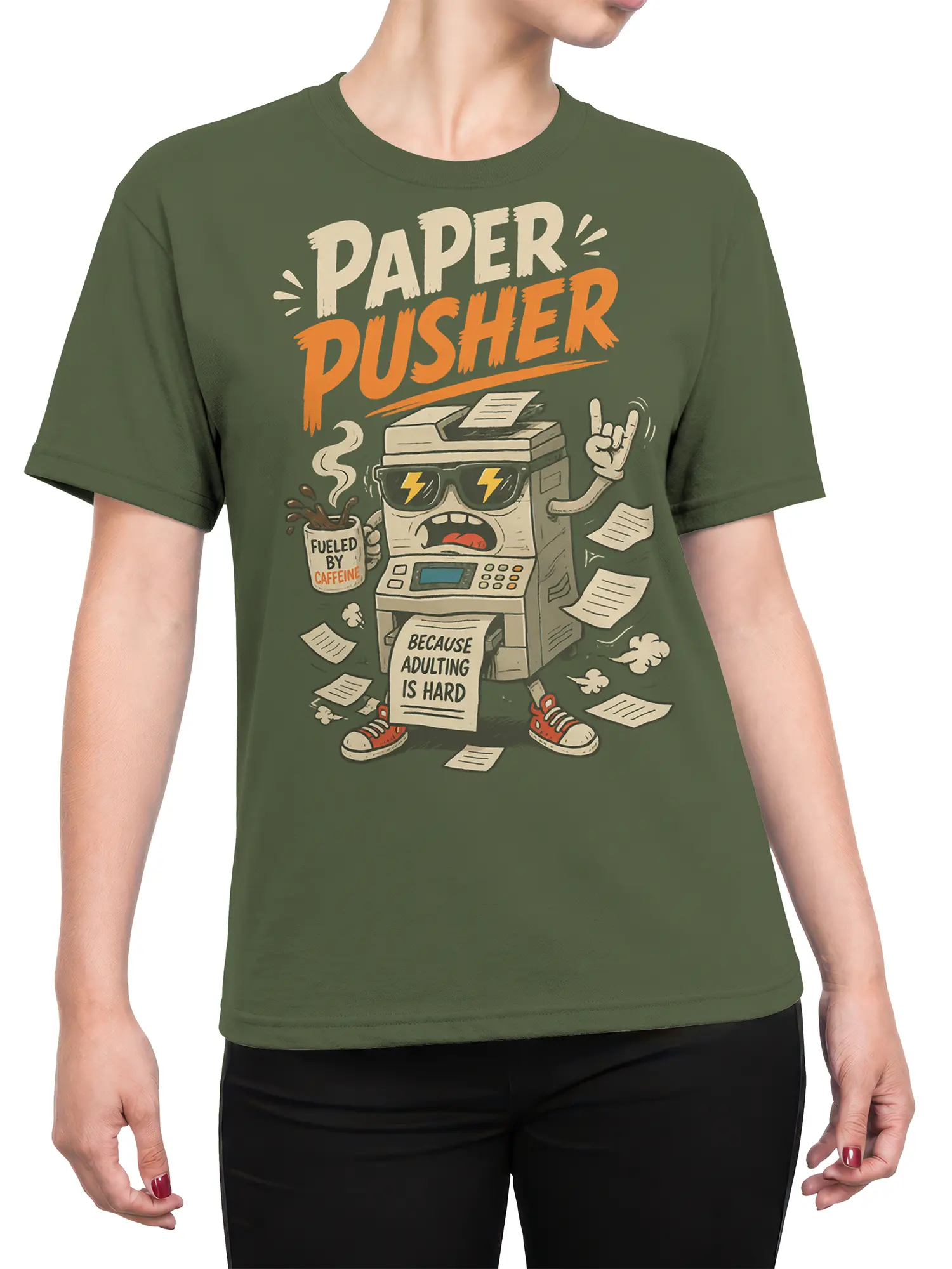 Female torso wearing a green paper pusher T-shirt with caffeinated office machine artwork