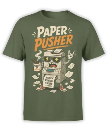 Green T-shirt with a caffeinated paper pusher machine, coffee cup, flying papers, and office humor text