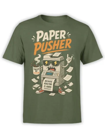 Green T-shirt with a caffeinated paper pusher machine, coffee cup, flying papers, and office humor text