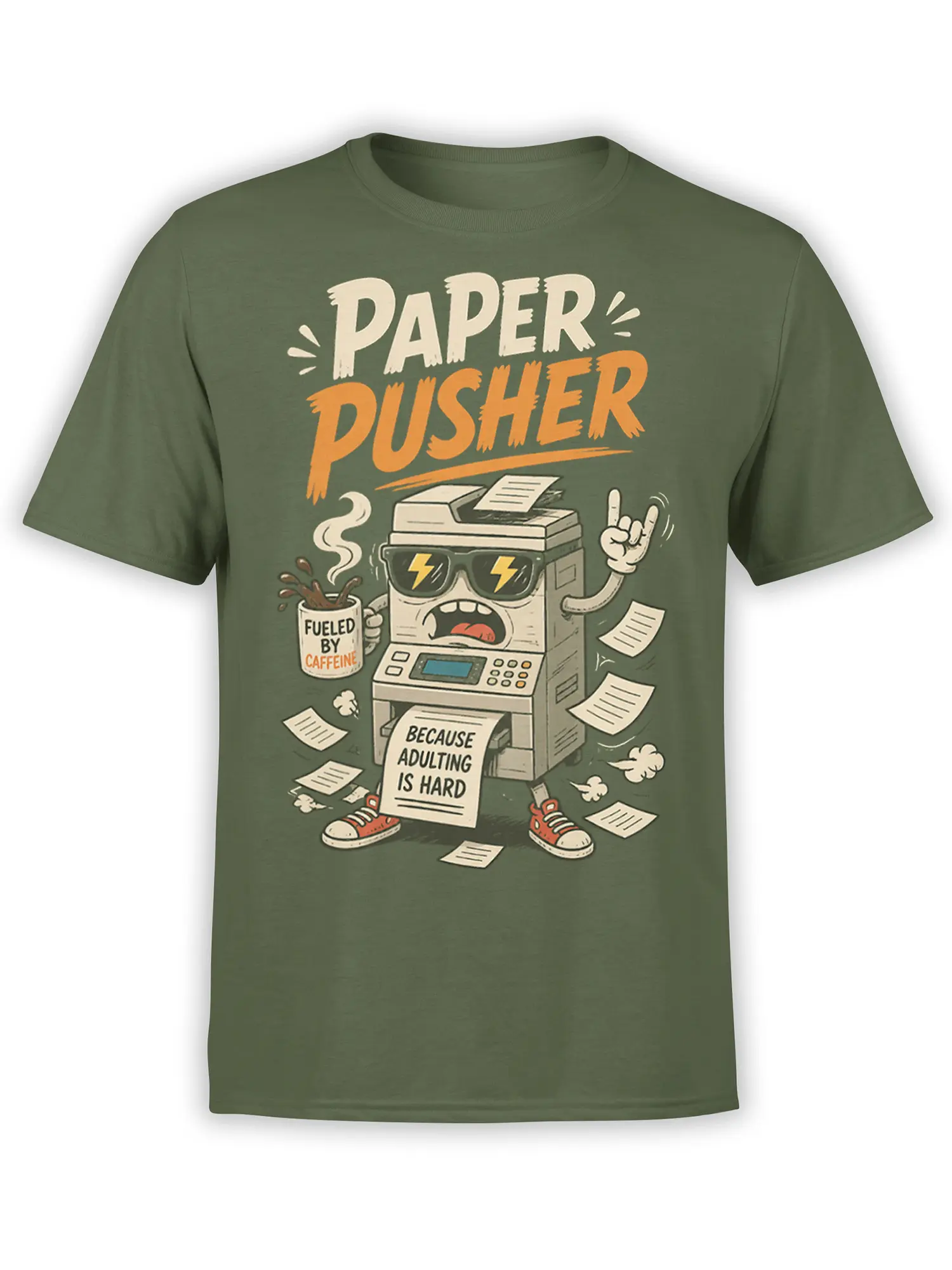 Green T-shirt with a caffeinated paper pusher machine, coffee cup, flying papers, and office humor text