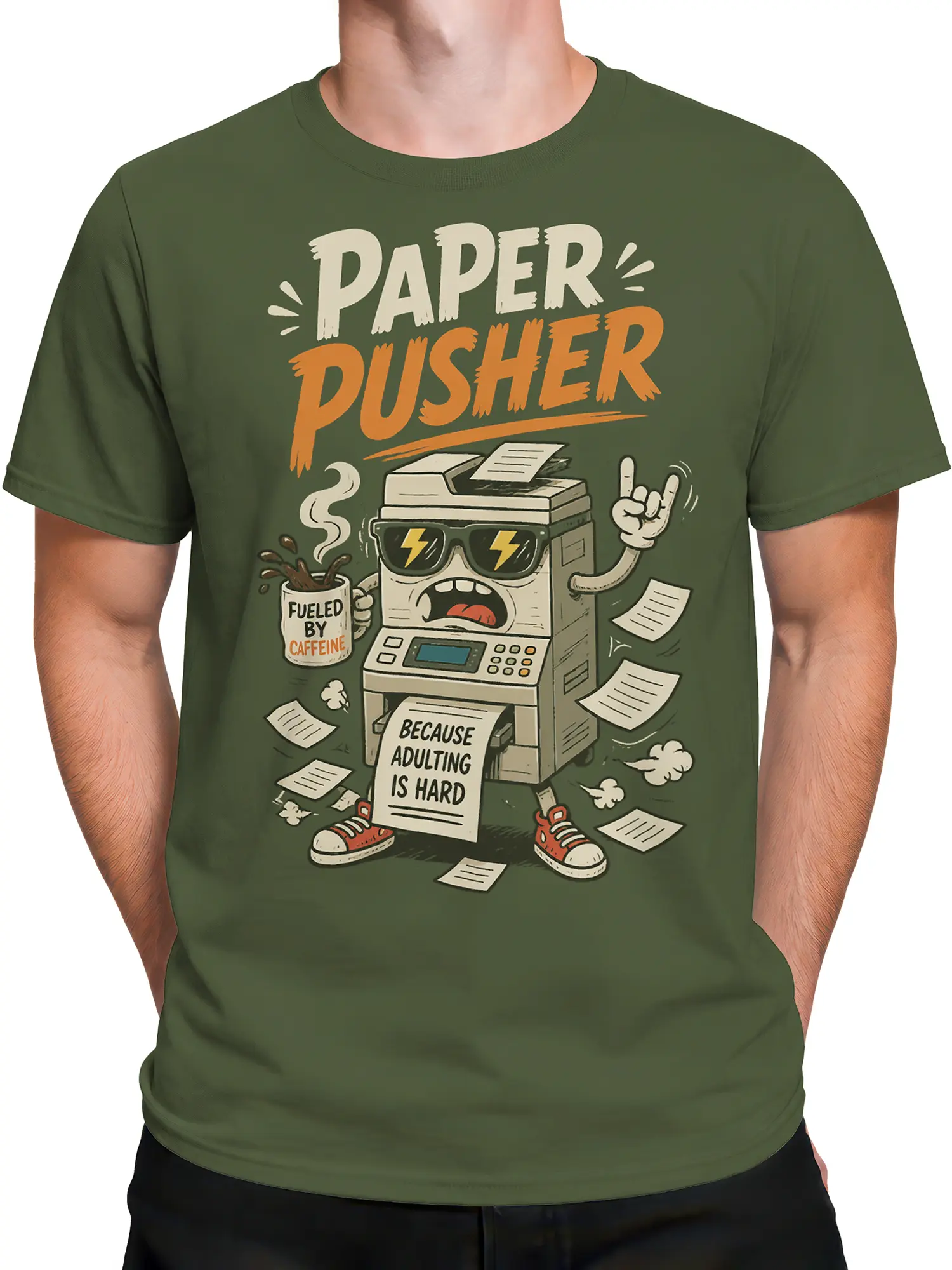 Male torso wearing a green paper pusher T-shirt with vintage office machine artwork