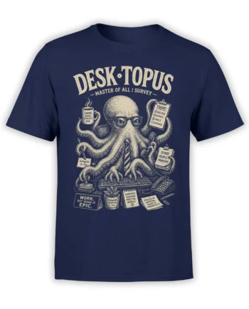 Desktopus octopus office graphic tee in navy with coffee, paperwork, deadlines, and vintage cream artwork