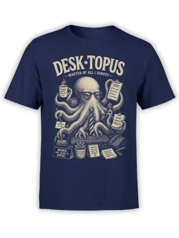 Desktopus octopus office graphic tee in navy with coffee, paperwork, deadlines, and vintage cream artwork
