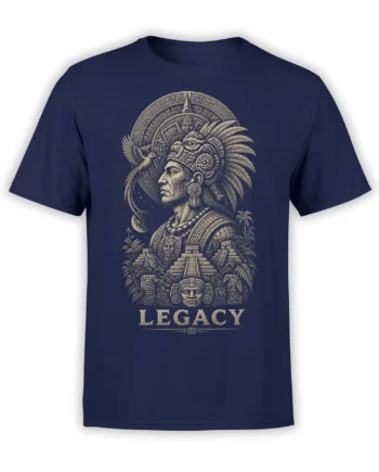 Mesoamerican-inspired LEGACY design with pyramids and feathered ceremonial figure on a navy T-shirt