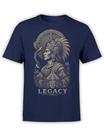 Mesoamerican-inspired LEGACY design with pyramids and feathered ceremonial figure on a navy T-shirt