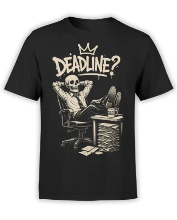 Black T-shirt with a crowned skeleton relaxing at a desk under the word “Deadline?”