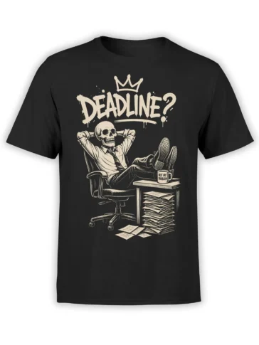 Black T-shirt with a crowned skeleton relaxing at a desk under the word “Deadline?”