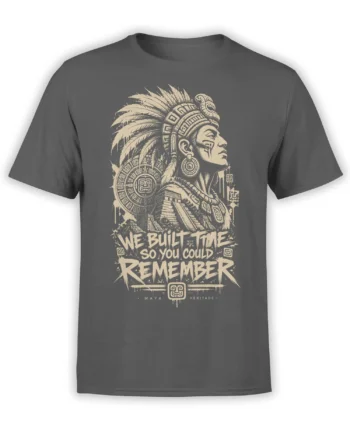 Gray Maya heritage T-shirt with feathered headdress, temple pyramid, carved symbols, and bold remembrance text