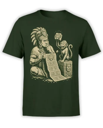 Dark green T-shirt with vintage scribe, monkey, feathered headdress, and symbolic tablet illustration