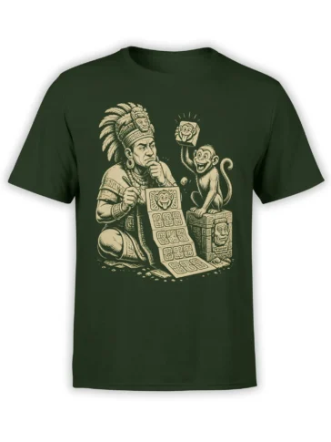 Dark green T-shirt with vintage scribe, monkey, feathered headdress, and symbolic tablet illustration