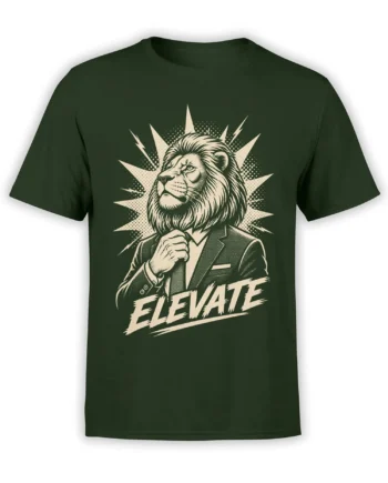 Serious lion in a suit with bold ELEVATE lettering on a green T-shirt