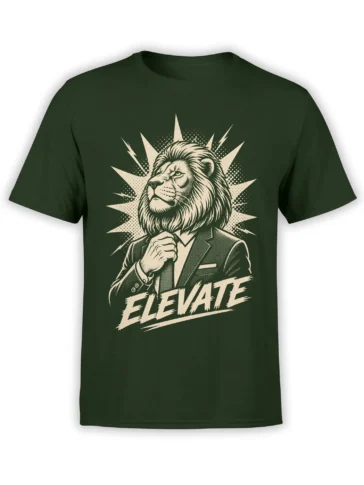 Serious lion in a suit with bold ELEVATE lettering on a green T-shirt