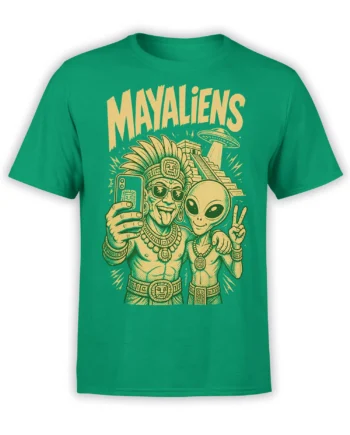 Green Mayan-inspired alien T-shirt with selfie, pyramid, UFO, and bold MAYALIENS artwork