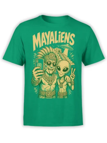 Green Mayan-inspired alien T-shirt with selfie, pyramid, UFO, and bold MAYALIENS artwork