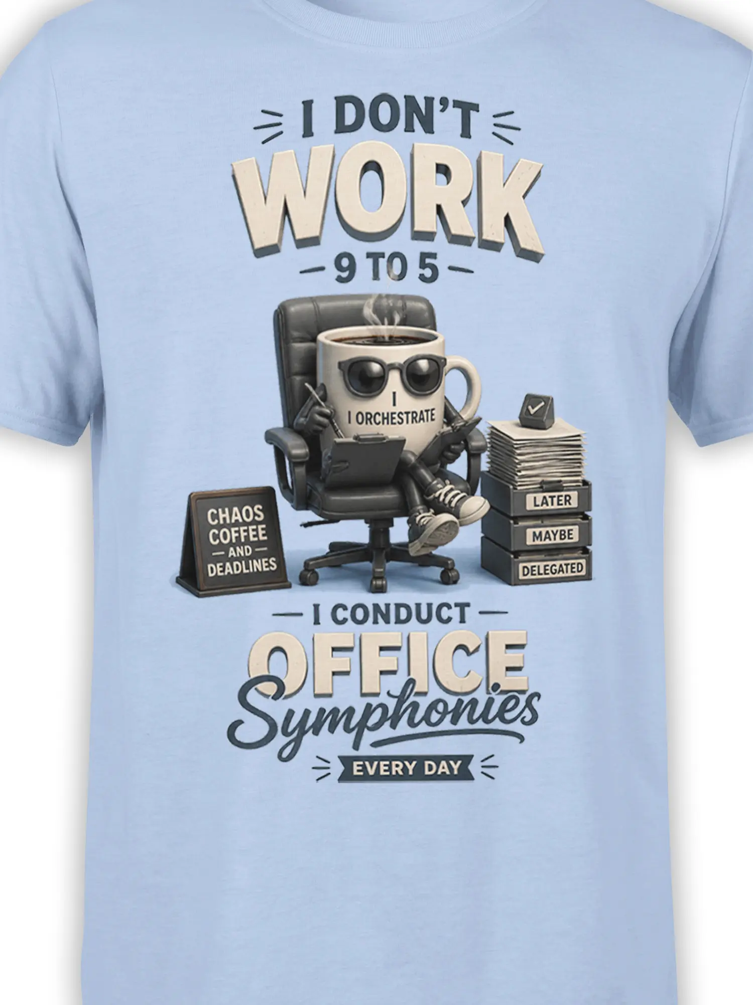 Close-up of light blue office graphic tee with coffee mug conductor and workplace deadline details