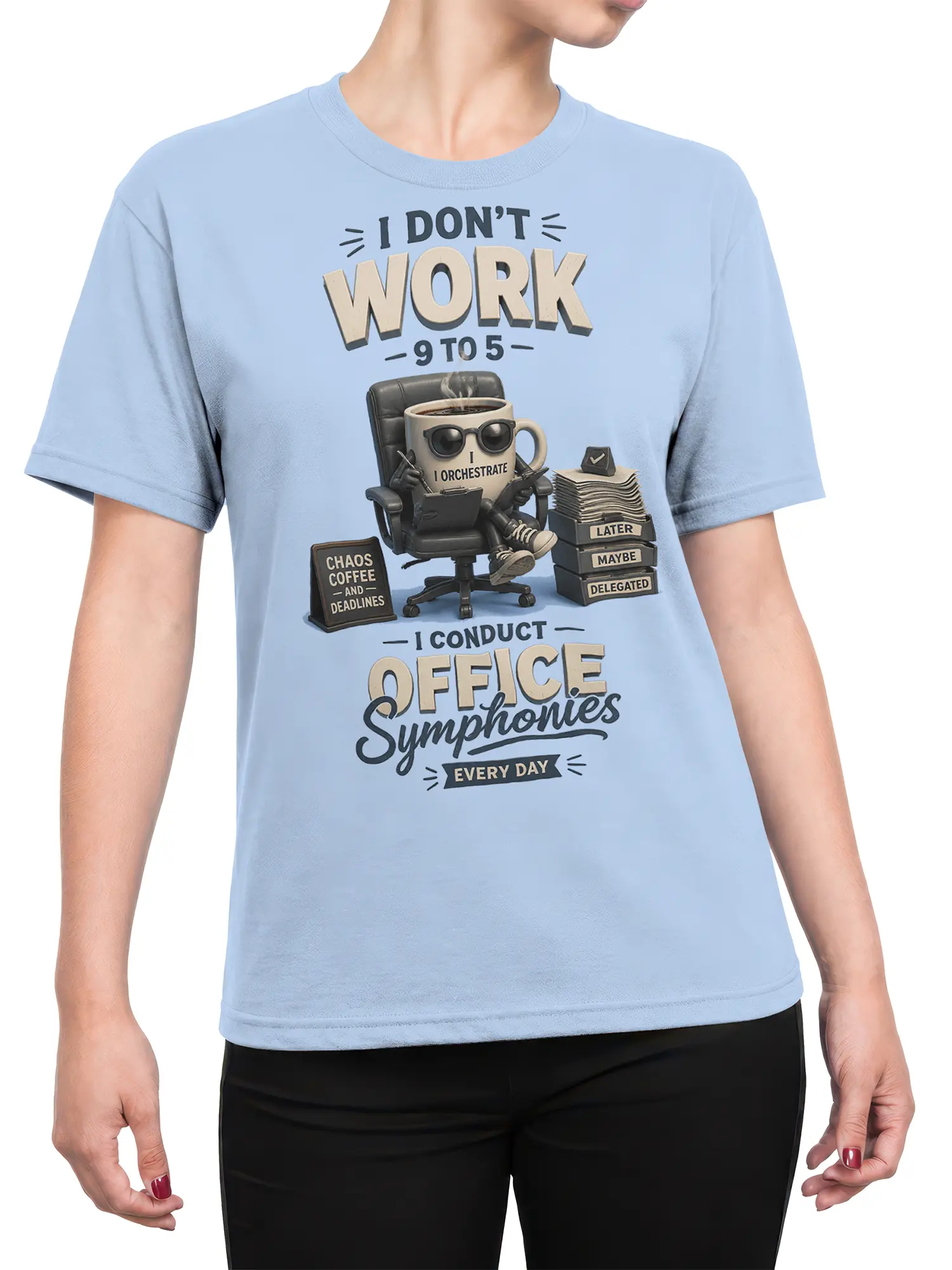 Female torso wearing a light blue coffee office T-shirt with a humorous workplace symphony design