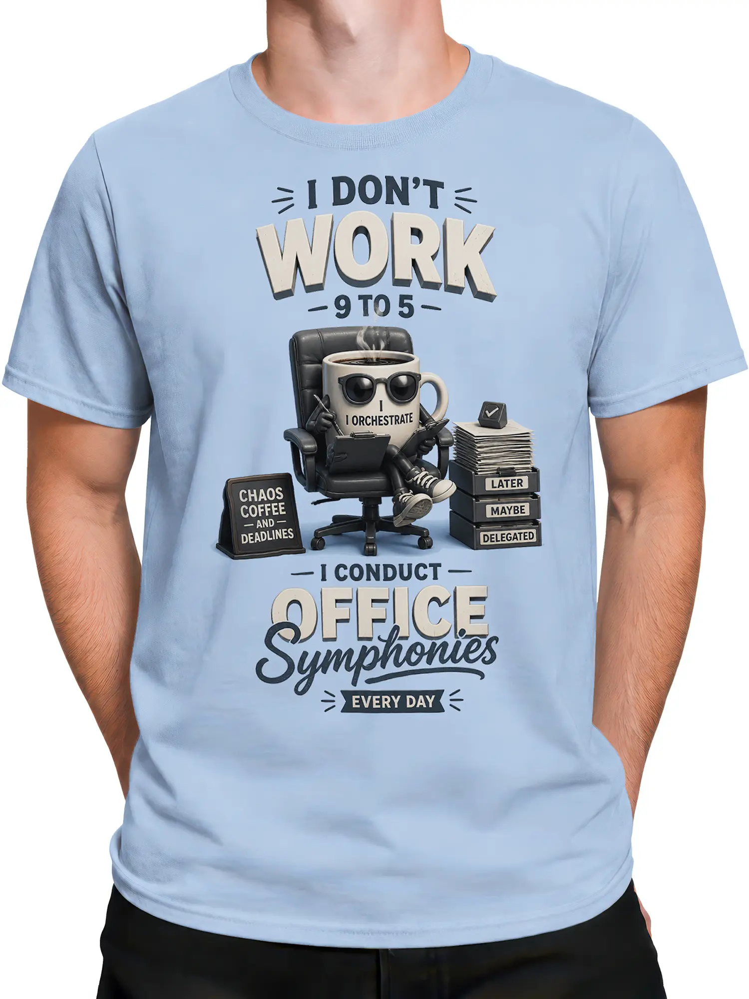 Male torso wearing a light blue office coffee T-shirt with deadline and paperwork artwork
