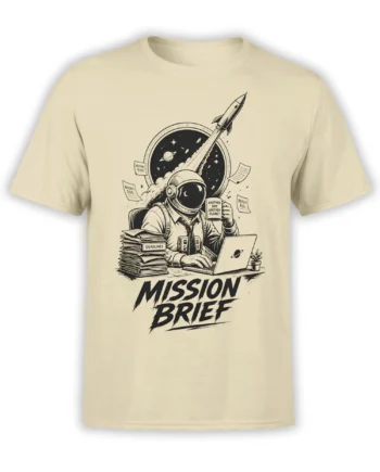 Beige astronaut T-shirt with a rocket, planets, office deadlines, and bold “MISSION BRIEF” lettering