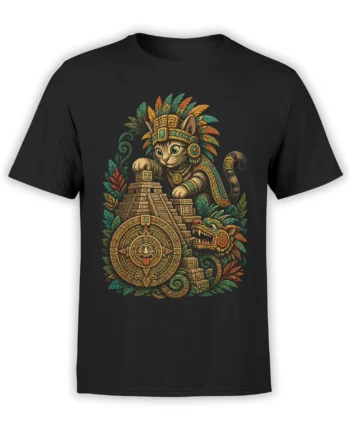 Black cat T-shirt with an Aztec-inspired temple scene, sun calendar, feathered headdress, and serpent