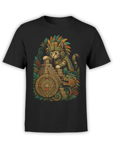 Black cat T-shirt with an Aztec-inspired temple scene, sun calendar, feathered headdress, and serpent