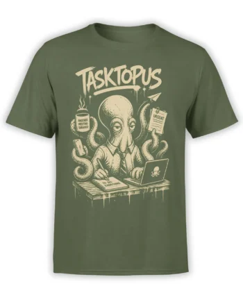 Green alien office T-shirt with an octopus worker, urgent note, laptop, coffee mug, and meeting humor